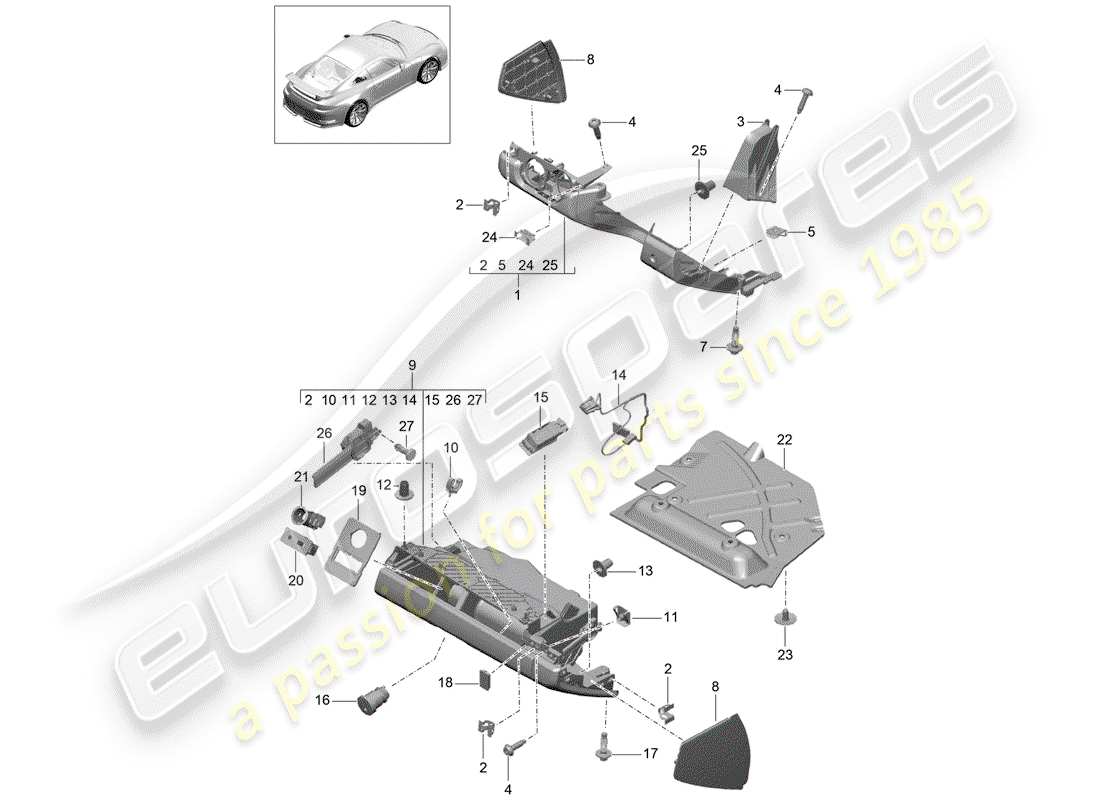 porsche 991r/gt3/rs (2015) glove box parts diagram