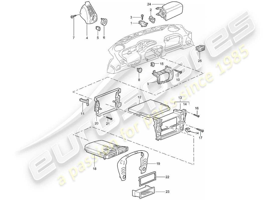 porsche boxster 986 (2004) accessories - dash panel trim parts diagram