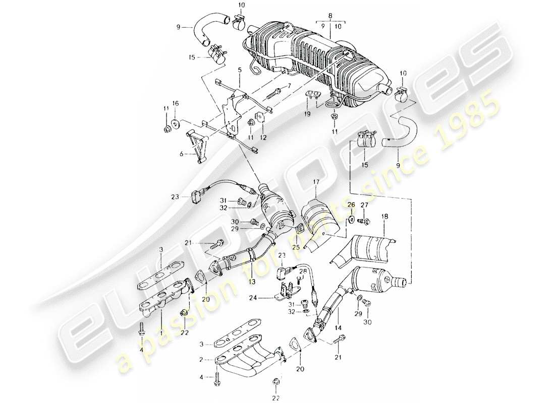 porsche boxster 986 (2002) exhaust system - m 96.20 parts diagram