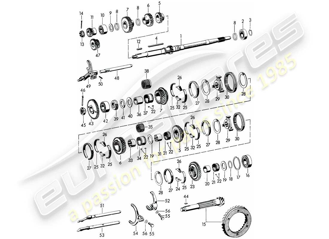 porsche 356b/356c (1961) speed - transmission - gears and shafts part diagram