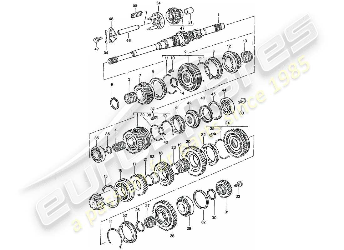 porsche 924s (1987) gears and shafts - manual gearbox part diagram