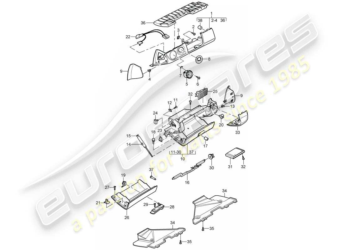 porsche 997 t/gt2 (2007) glove box part diagram