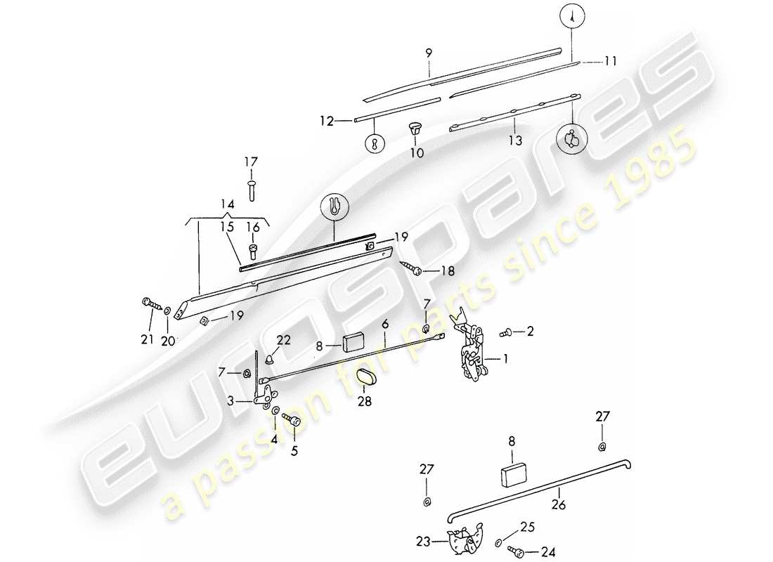 porsche 911 (1971) door latch - with installation parts part diagram