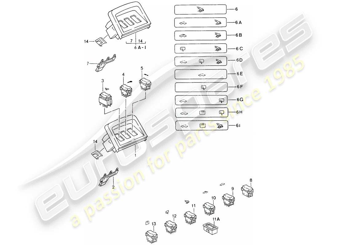 porsche 993 (1997) trim - switch - center console part diagram