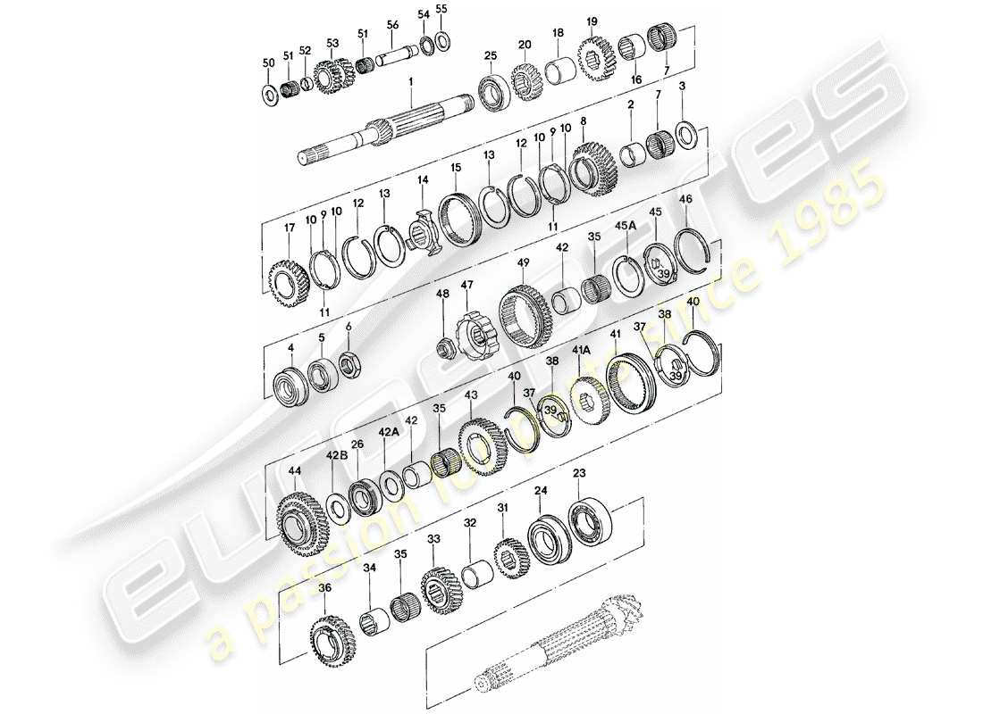 porsche 924 (1982) gears and shafts - manual gearbox - g31.01/02/03 parts diagram