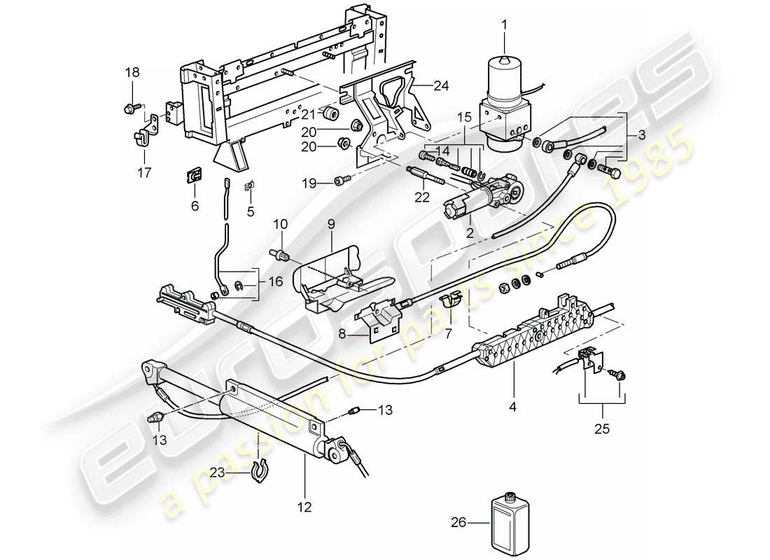 porsche 996 t/gt2 (2003) convertible top - driving mechanism - hydraulic parts diagram