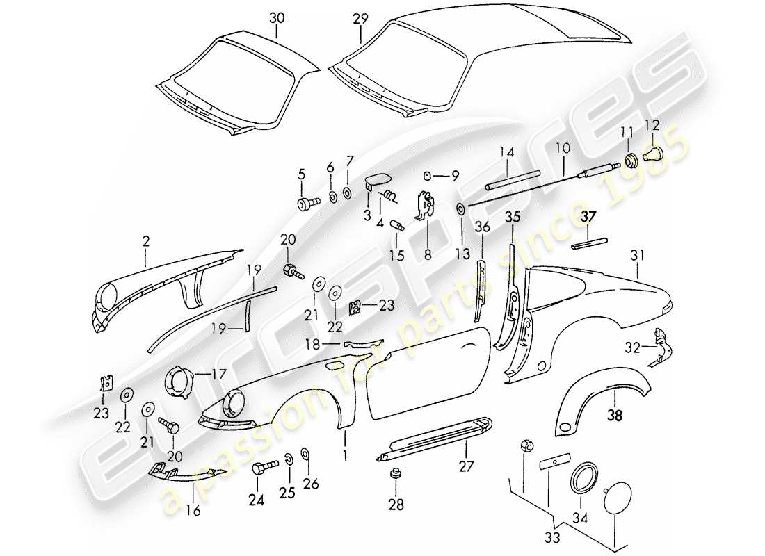 porsche 911 (1972) exterior panelling part diagram