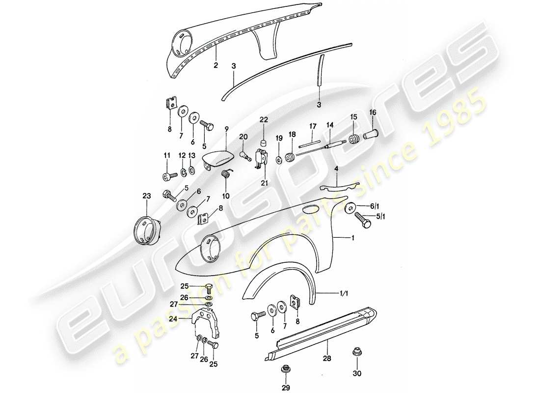 porsche 911 (1975) exterior panelling part diagram