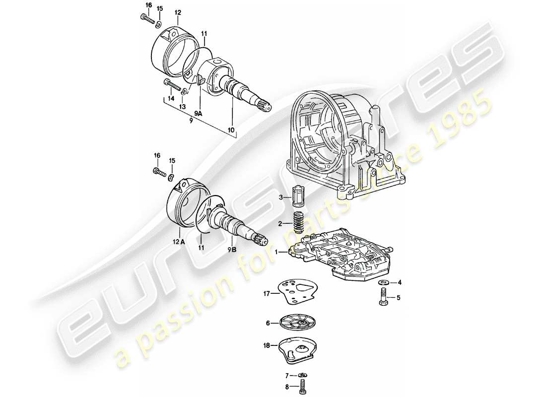 porsche 924 (1984) shift-valve body - governor - oil strainer - automatic transmission part diagram