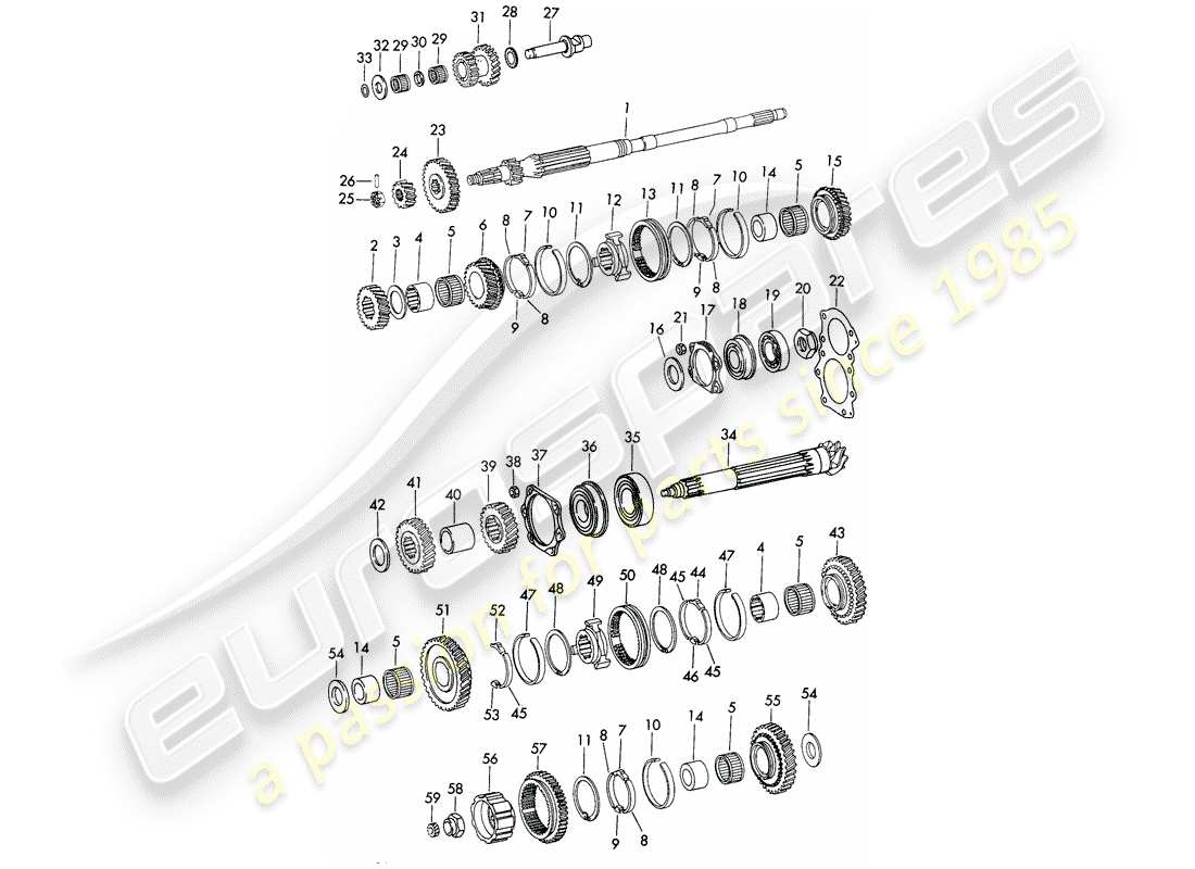 porsche 911 (1972) gears and shafts - 5-speed - transmission - d - mj 1972>> part diagram