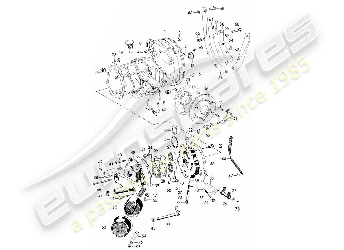 porsche 356/356a (1958) transmission case - with: - transmission suspension - for - tunnel transmission part diagram