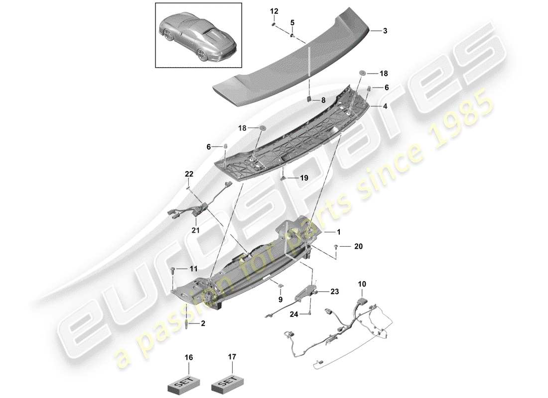 porsche 991r/gt3/rs (2014) rear spoiler part diagram