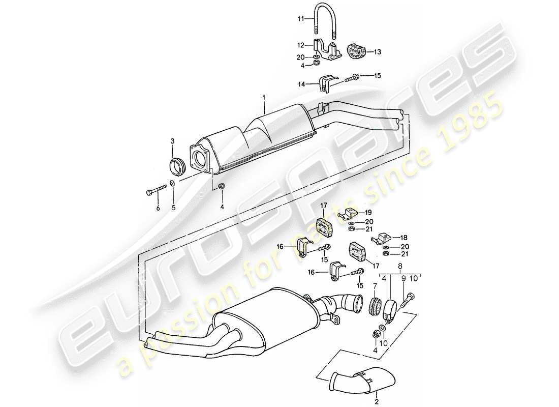 porsche 968 (1994) exhaust system - middle exhaust muffler - exhaust silencer, rear part diagram