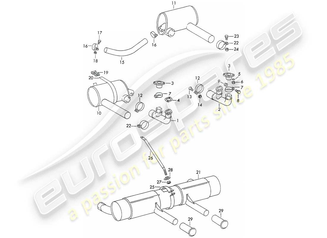 porsche 356b/356c (1961) exhaust system part diagram