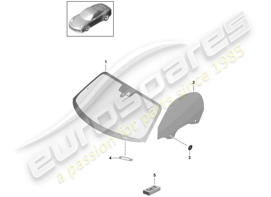 porsche 991r/gt3/rs (2017) windshield glass parts diagram