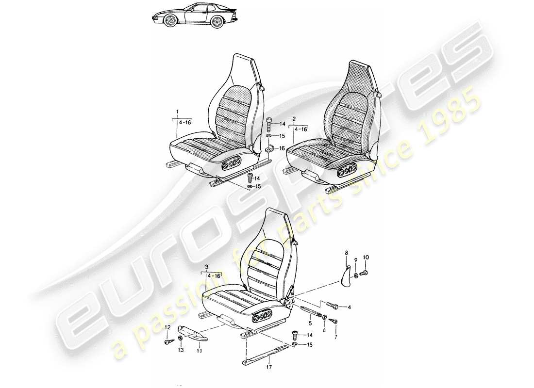 porsche seat 944/968/911/928 (1995) front seat - complete - all-electric - d - mj 1989>> - mj 1991 parts diagram