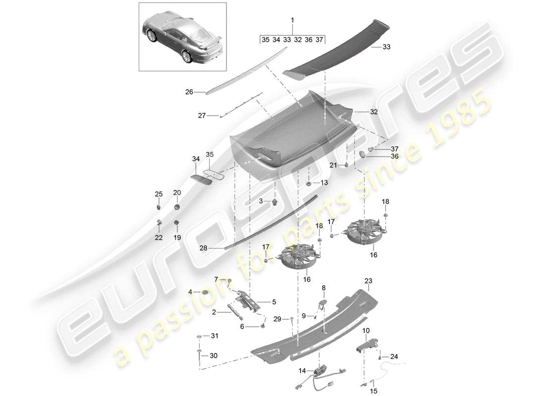 porsche 991r/gt3/rs (2015) rear spoiler parts diagram