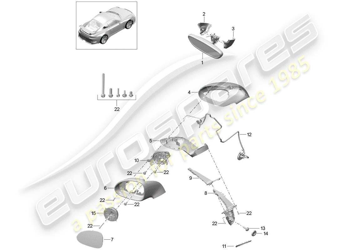 porsche 991r/gt3/rs (2015) rear view mirror inner parts diagram