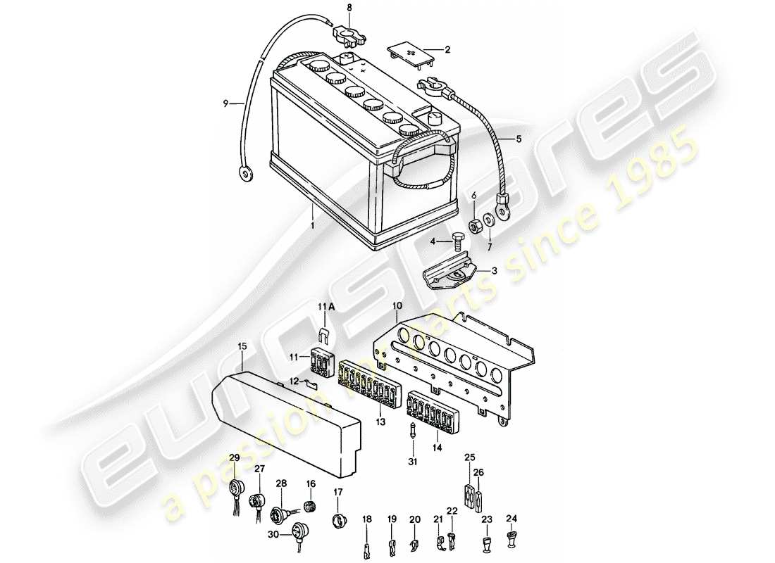 porsche 911 (1980) battery - fuse box part diagram