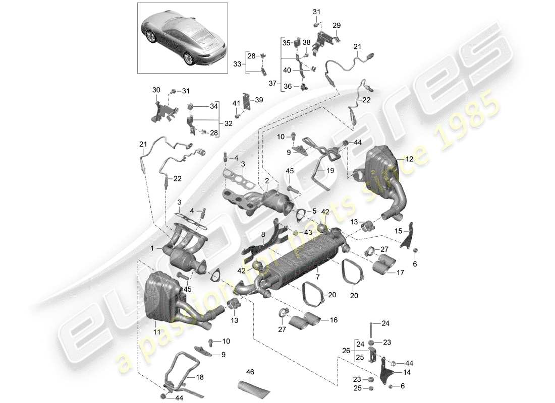 porsche 991 (2015) exhaust system part diagram