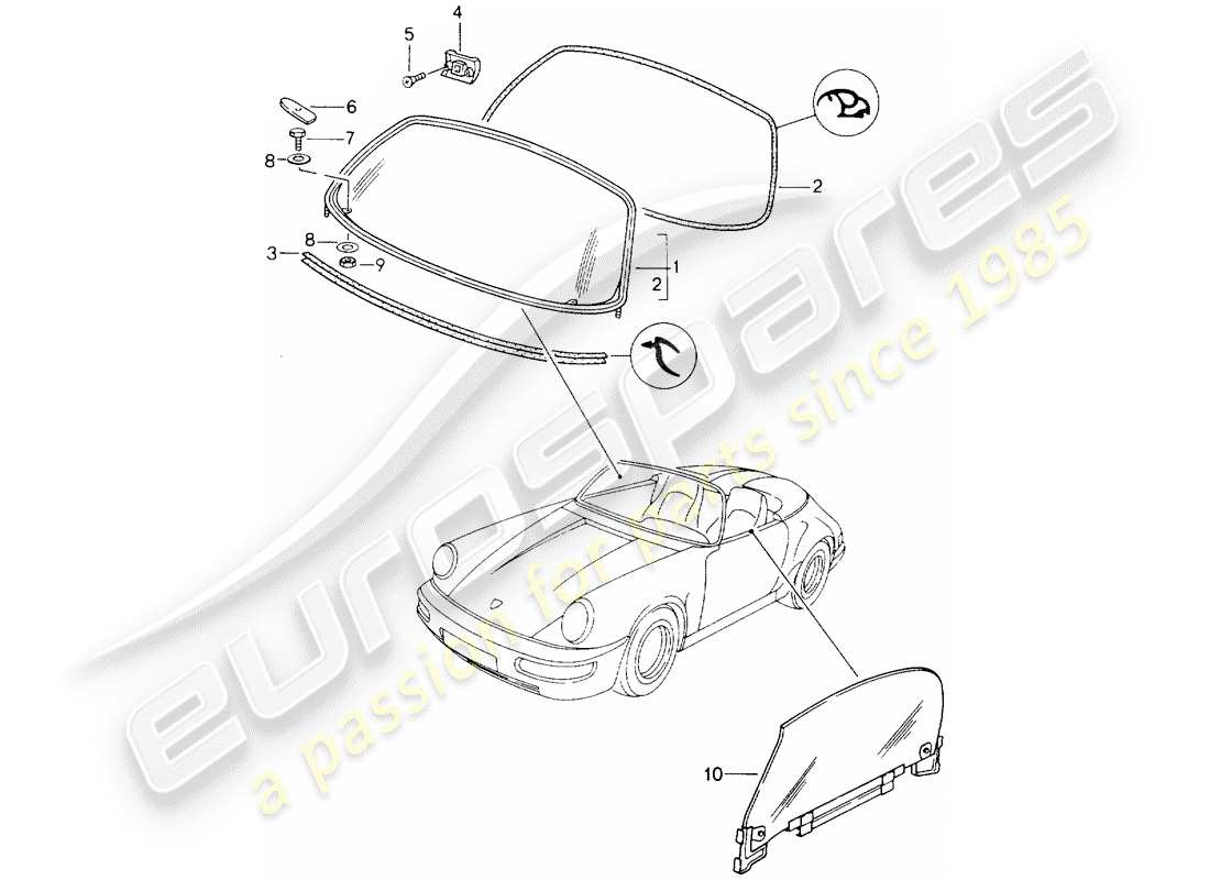 porsche 964 (1992) window glazing part diagram