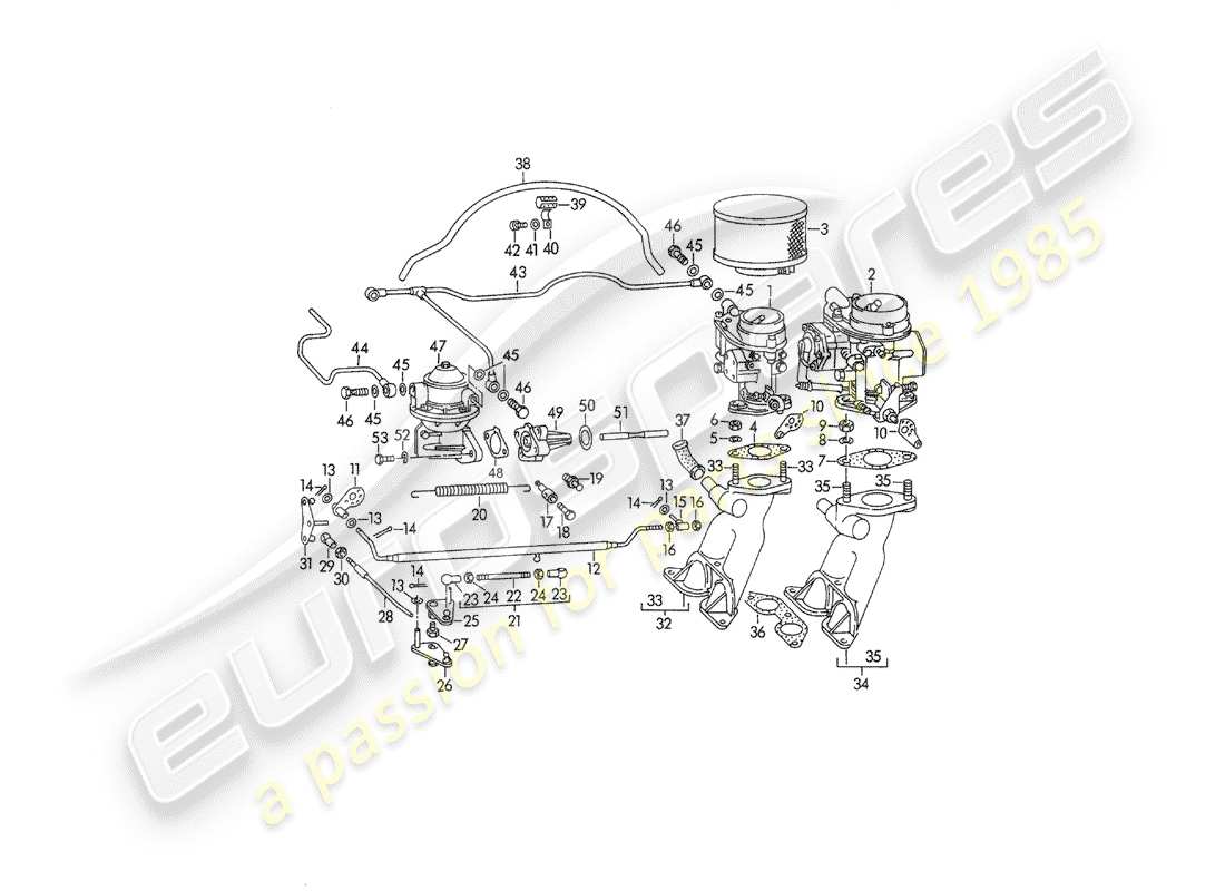 porsche 356/356a (1958) carburetor - solex 32pbj - solex 40pjcb - and - fuel supply line part diagram