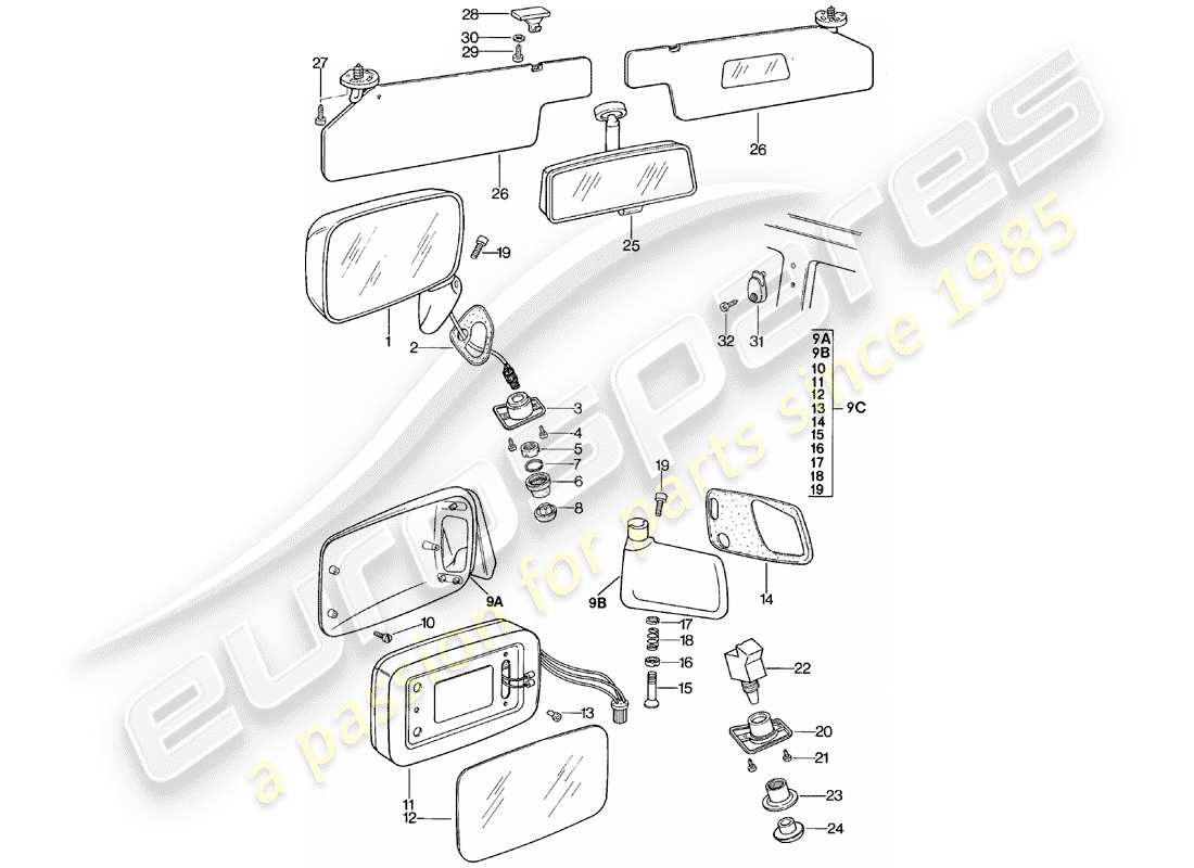 porsche 924 (1980) rear view mirror - rear view mirror inner - sun vizor part diagram