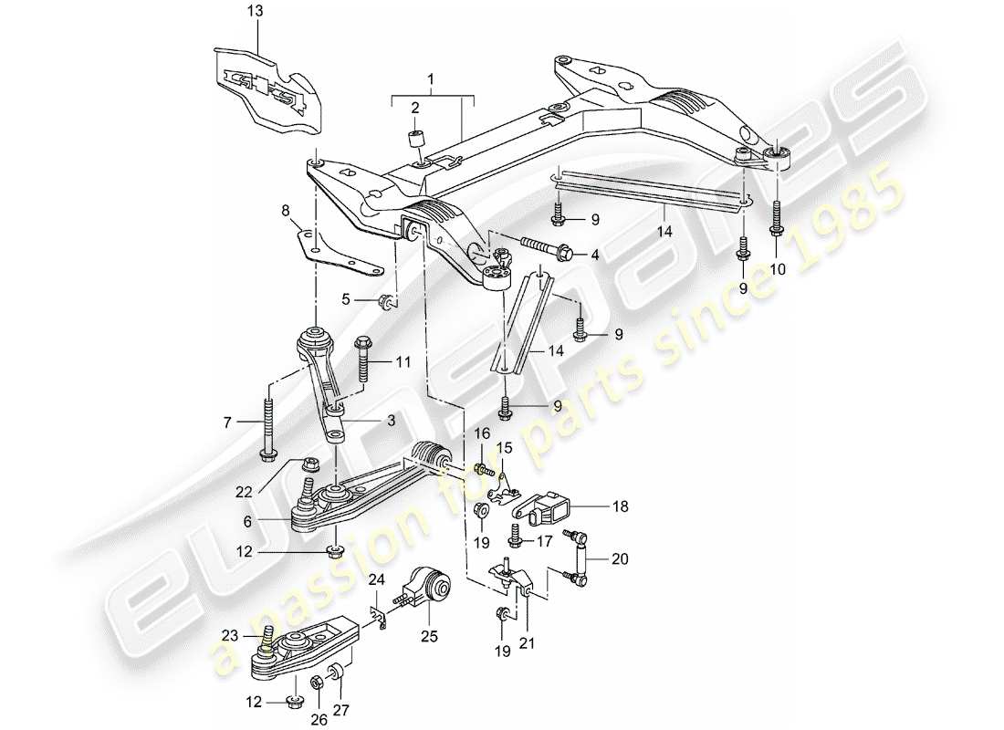 porsche 996 t/gt2 (2004) cross member - track control arm parts diagram