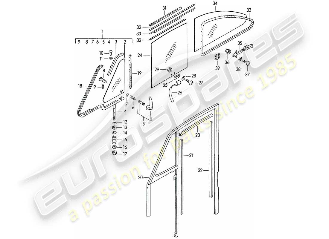 porsche 356/356a (1958) side window - door window part diagram