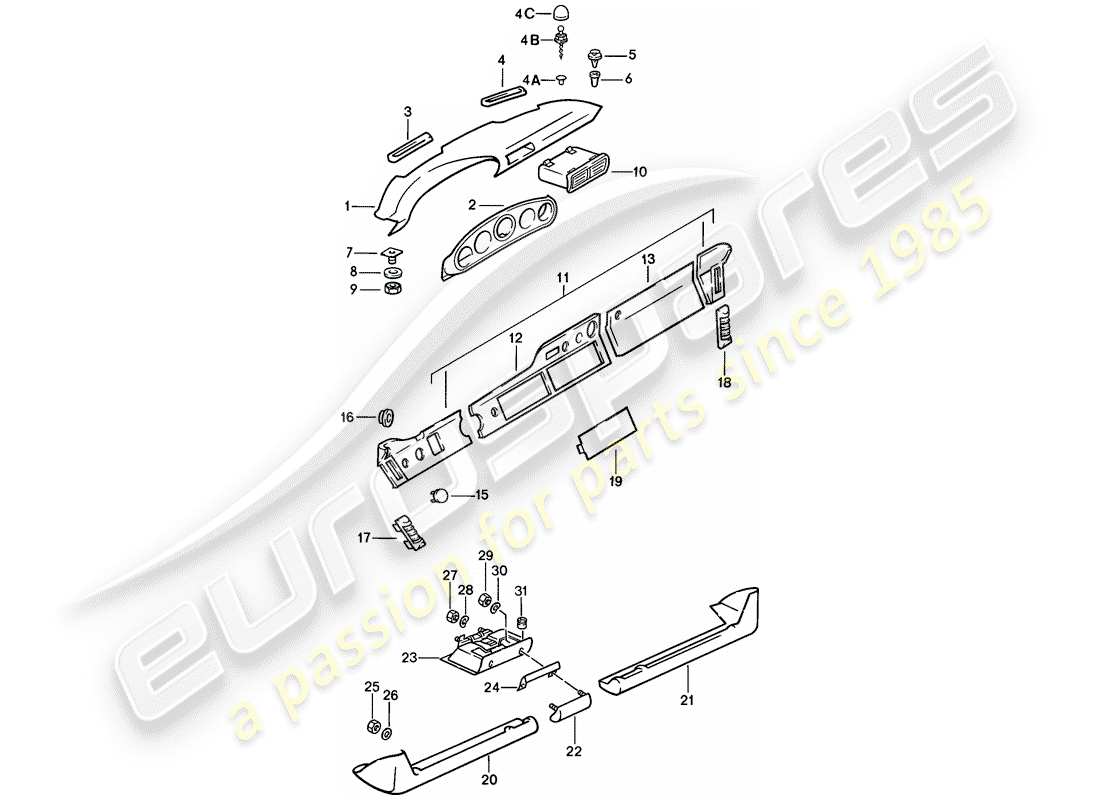 porsche 911 (1985) dash panel trim - with installation parts - d >> - mj 1985 part diagram