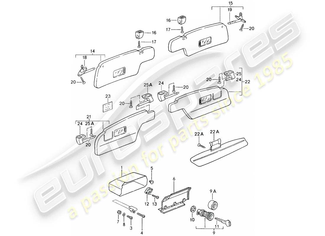 porsche 964 (1993) glove box - for cars without - airbag - sun vizors part diagram