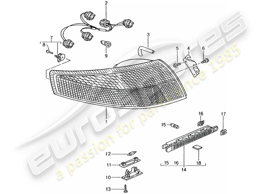 porsche 996 (2000) rear light - license plate light - additional brake light part diagram