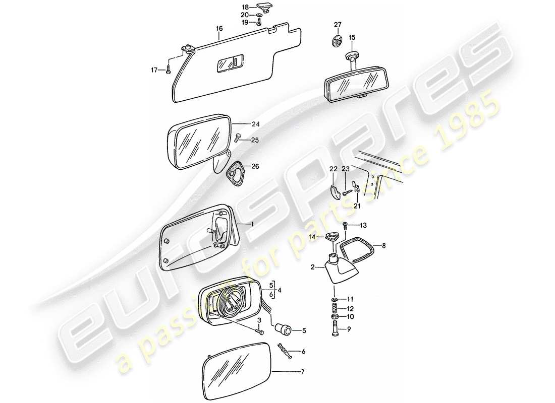 porsche 944 (1989) sun vizor - rear view mirror - rear view mirror inner part diagram