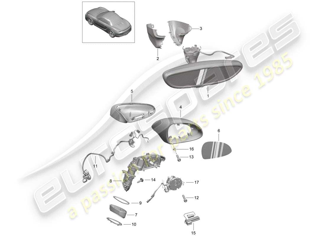 porsche boxster 981 (2012) rear view mirror inner parts diagram