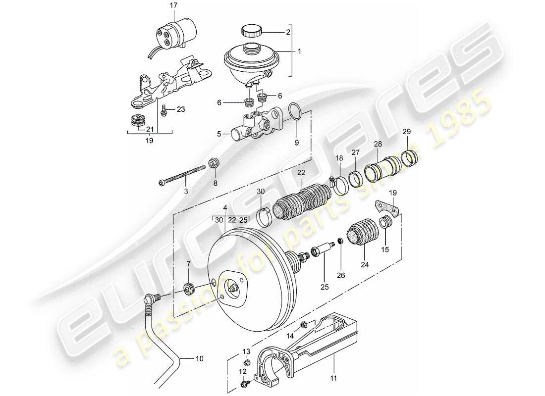 porsche boxster 986 (1997) brake master cylinder - brake booster - clutch pump part diagram