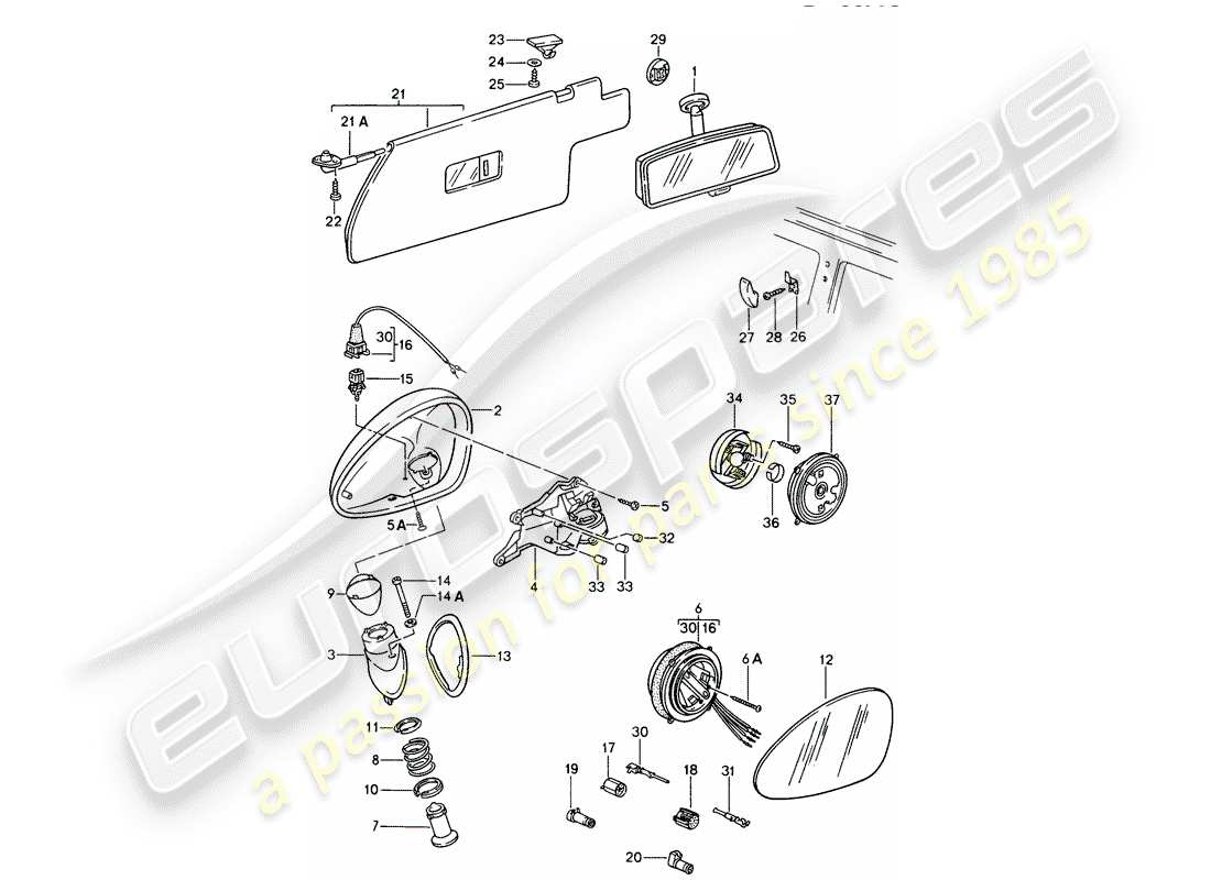 porsche 968 (1994) rear view mirror inner - rear view mirror - sun vizor part diagram