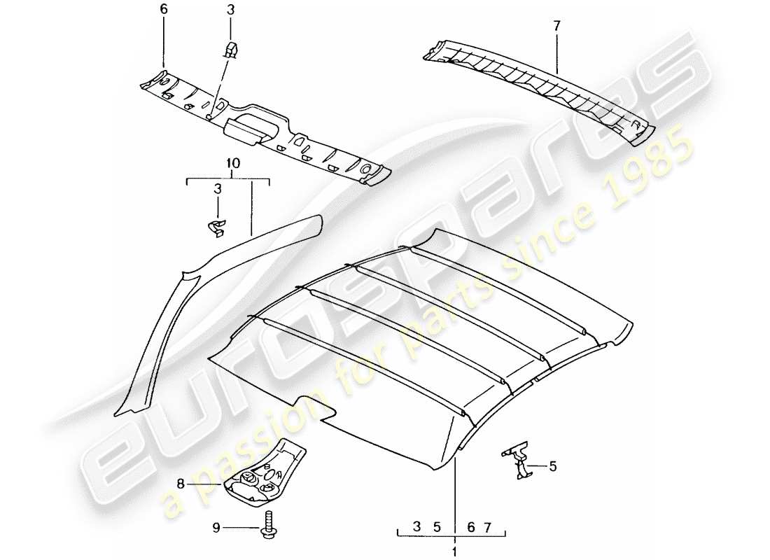 porsche 996 gt3 (2001) roof trim panel part diagram