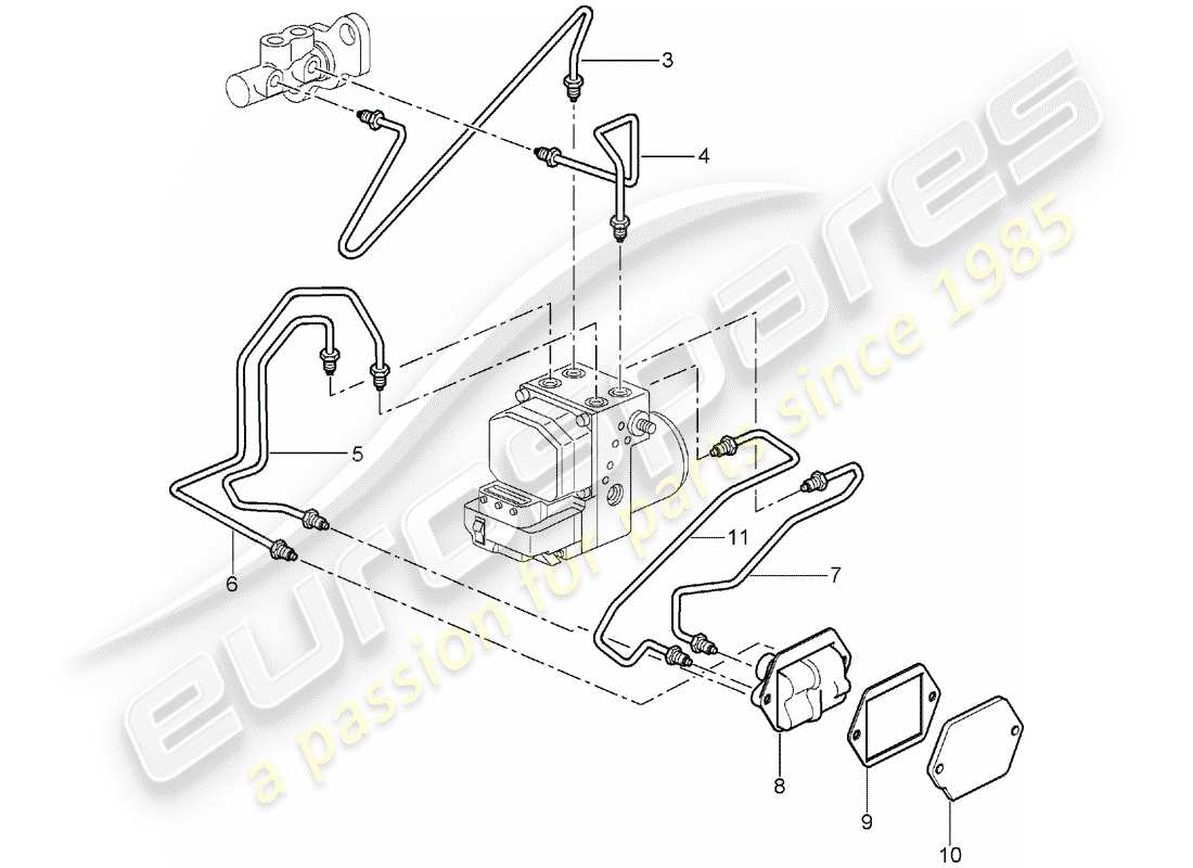 porsche 996 t/gt2 (2001) brake lines - front end parts diagram