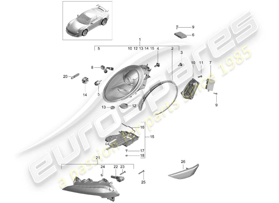 porsche 991r/gt3/rs (2017) headlamp parts diagram