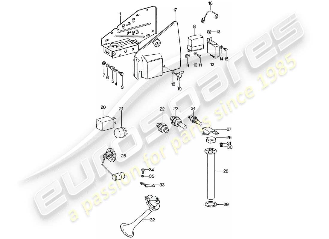 porsche 911 (1983) plate - relay - sensor - fanfare horn part diagram