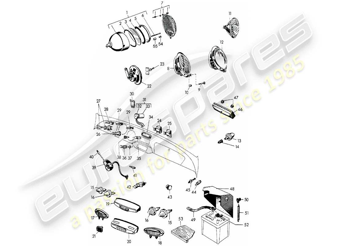 porsche 356/356a (1958) headlamp - lights - and - switch - battery part diagram