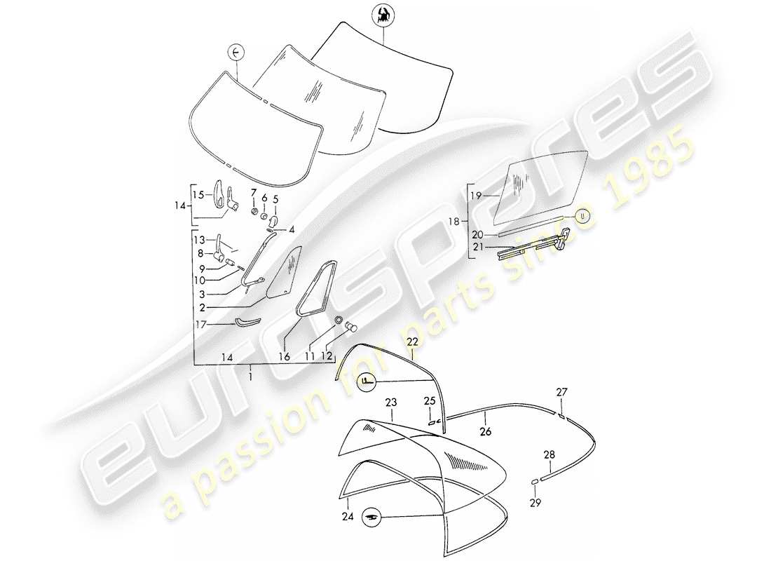 porsche 911 (1972) window glazing part diagram