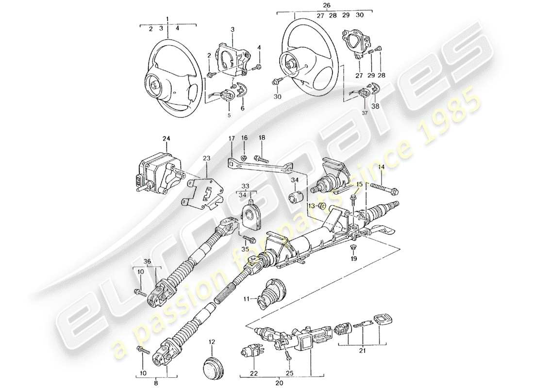 porsche boxster 986 (1997) steering protective pipe - intermediate steering shaft - steering wheel part diagram