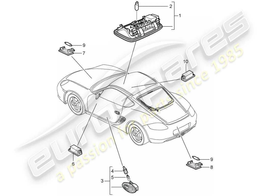 porsche cayman 987 (2010) interior lights parts diagram