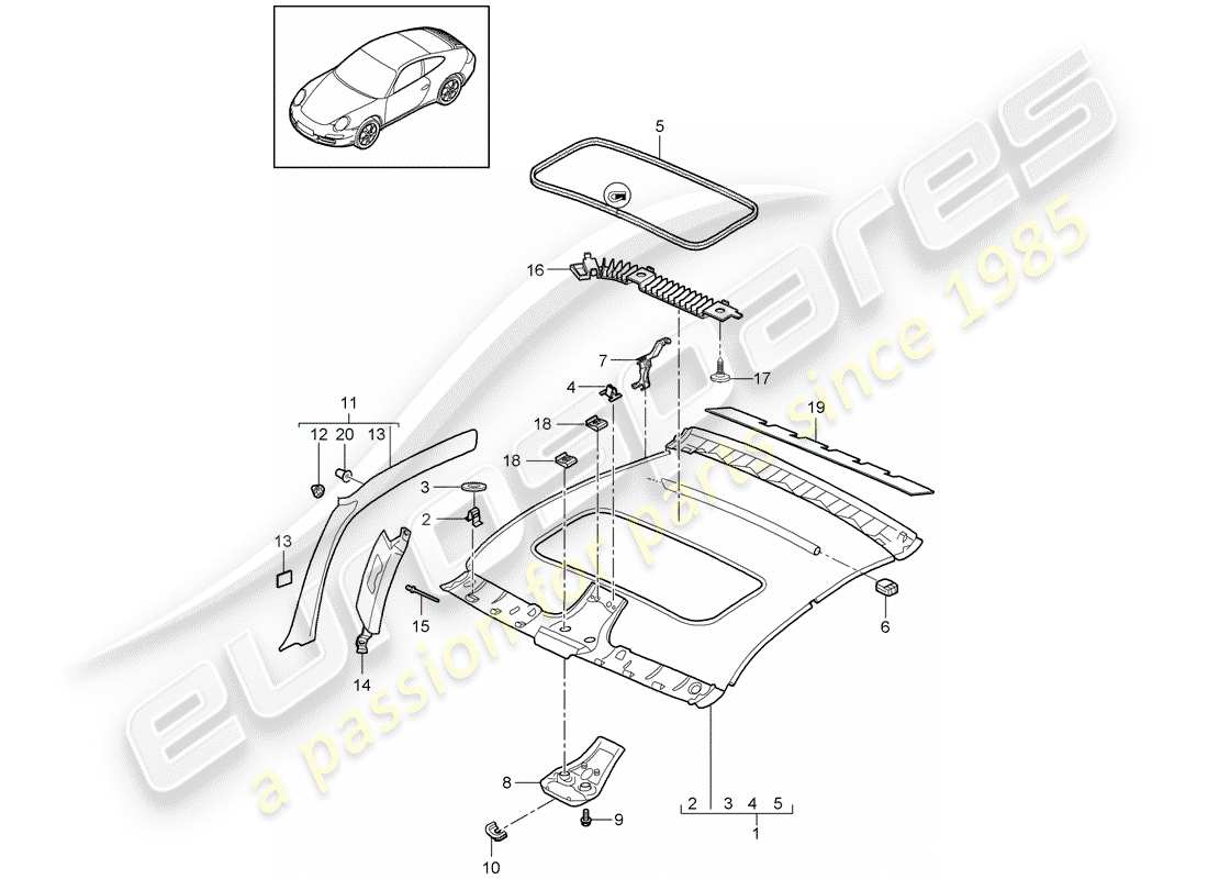 porsche 997 t/gt2 (2007) roof trim panel part diagram