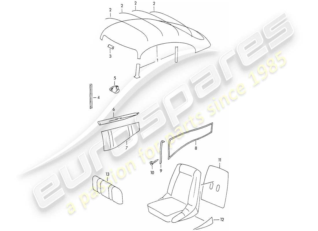 porsche 356/356a (1958) trims - interior equipment part diagram