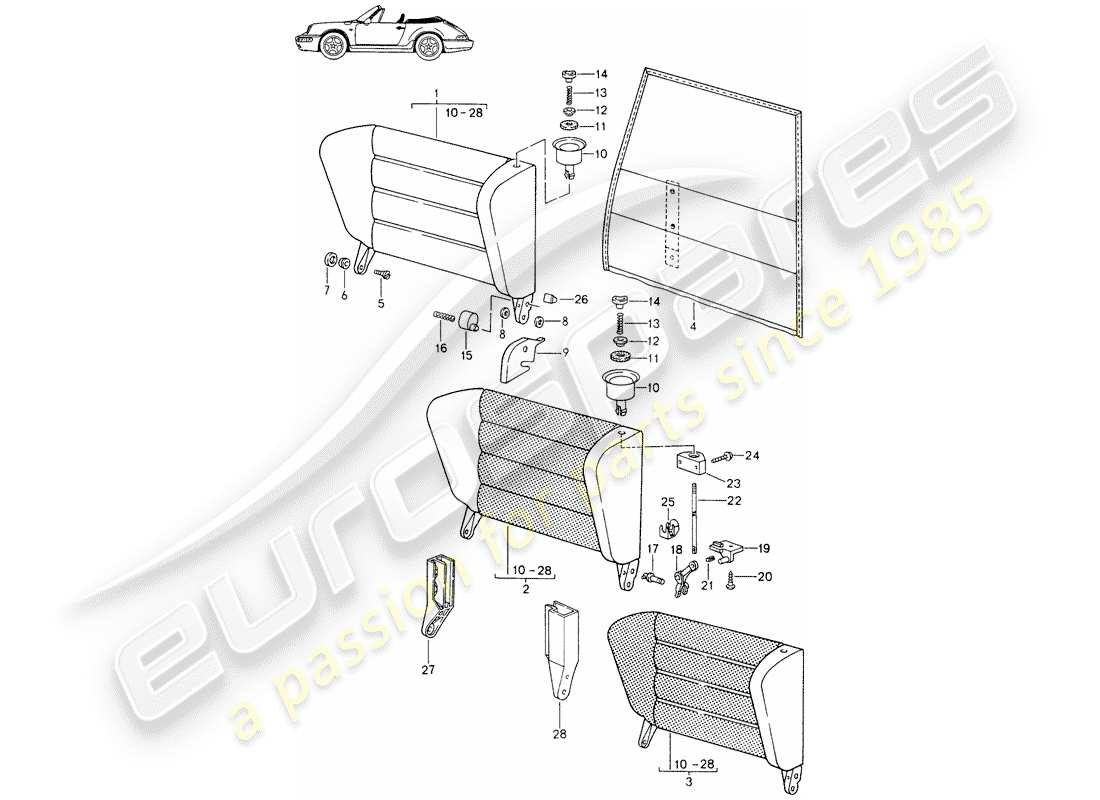 porsche seat 944/968/911/928 (1986) emergency seat backrest - with: - release button - d - mj 1991>> - mj 1994 parts diagram