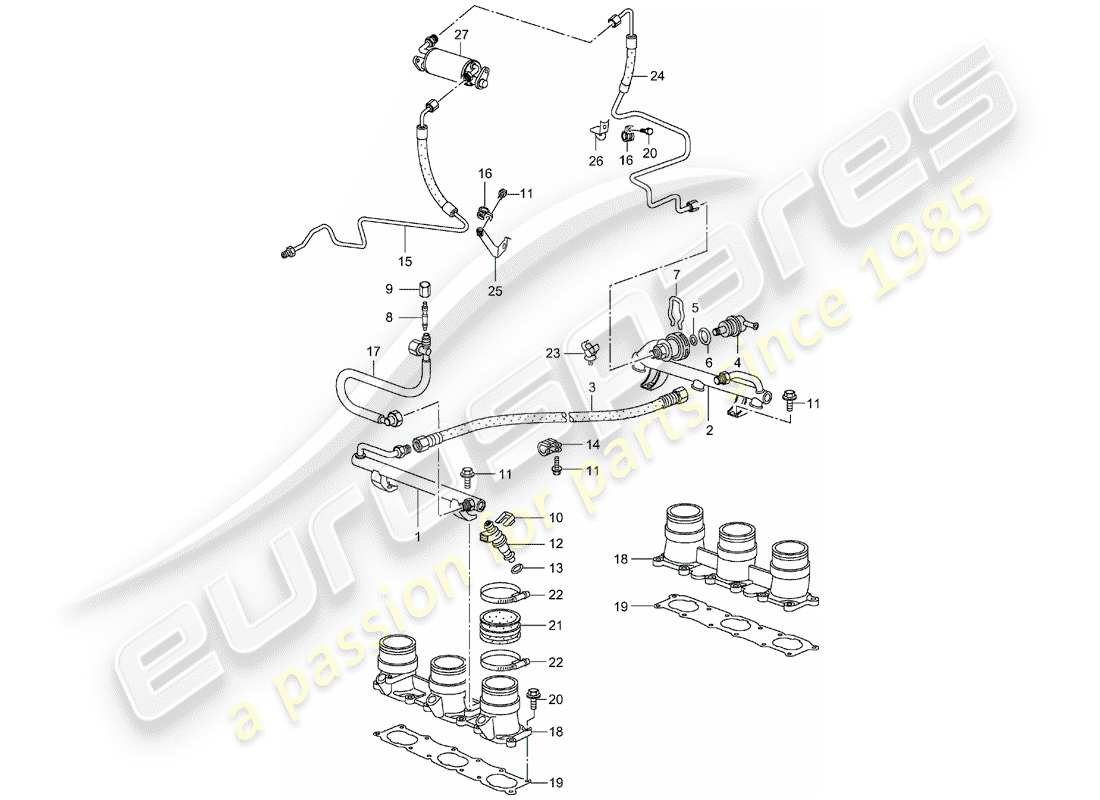 porsche 996 t/gt2 (2001) fuel collection pipe parts diagram