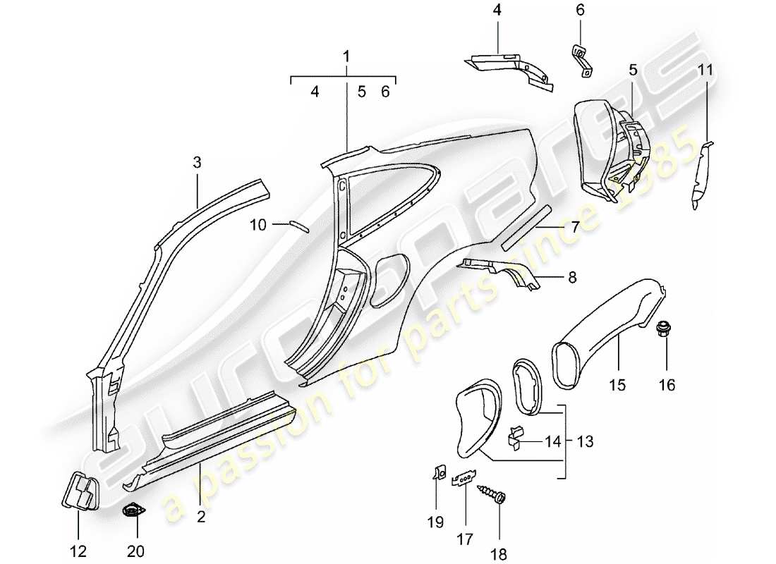 porsche 996 t/gt2 (2001) side panel parts diagram