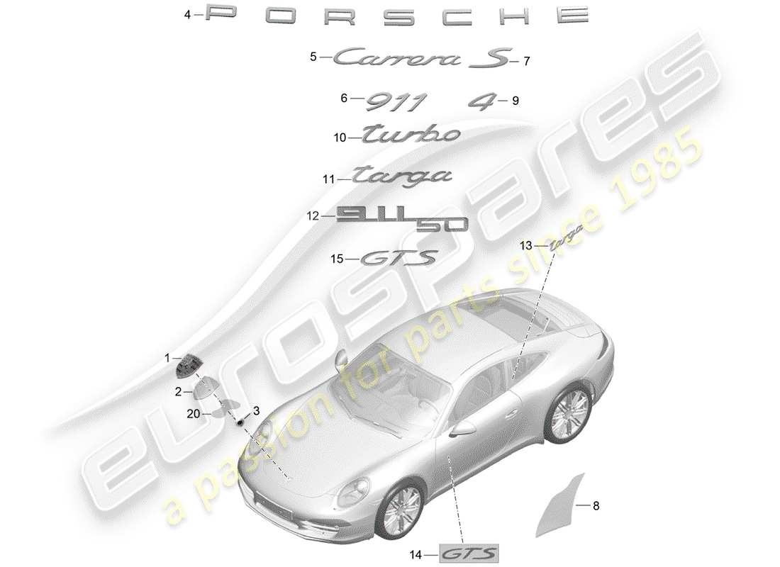 porsche 991 (2012) nameplates part diagram
